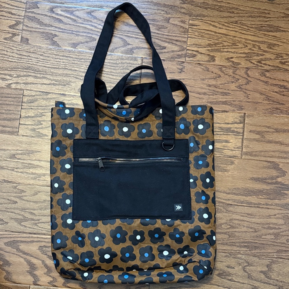 Brown Floral Print Tote Bag with Black Handles